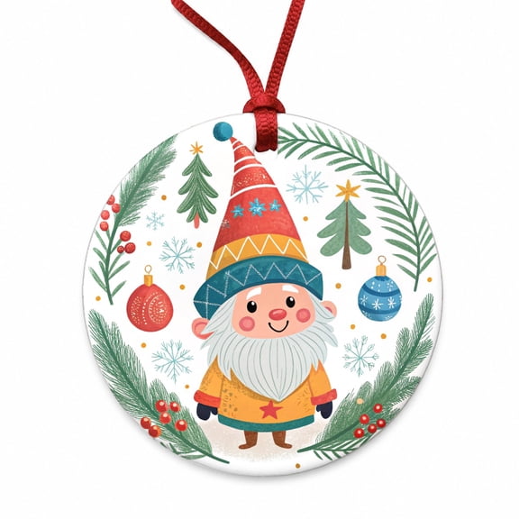 Christmas Gnome Smiling Christmas Tree Holiday Round Ceramic Ornament