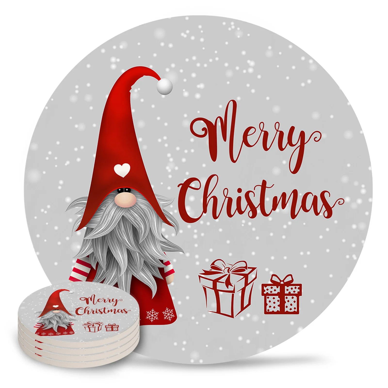 Christmas Gnome Snowflake Love Heart Ceramic Coaster Christmas Table r