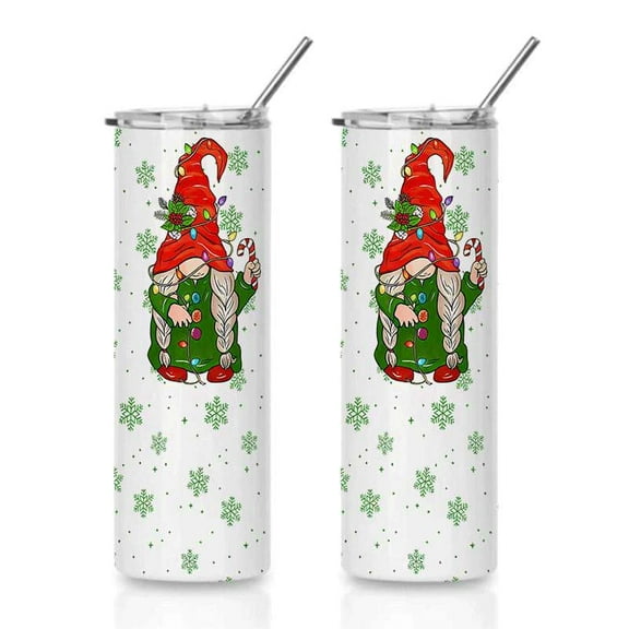 Christmas Gnome Stainless Steel Insulated Skinny Tumbler with Straw, Red Hat & Candy Cane Design Holiday Coffee Cup Gift
