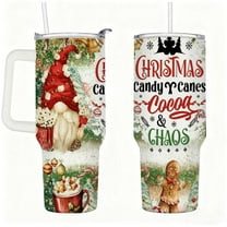 Christmas Gnome Stainless Steel Tumbler with Straw & Handle, Hot Cocoa & Candy Cane Holiday Travel Mug
