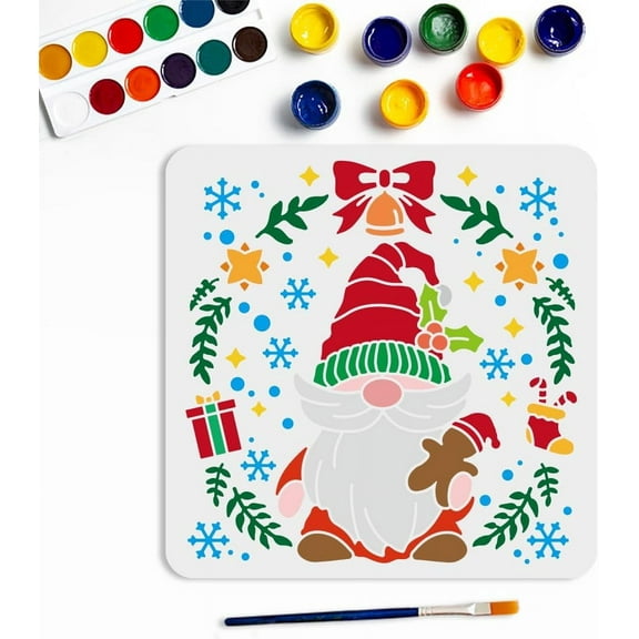 Christmas Gnome Stencil 11.8x11.8inch Bells Wreath Template with Paint Brush Reusable Gift Box Snowflake Merry Christmas Stencil for Wall Home Decor DIY Craft Canvas