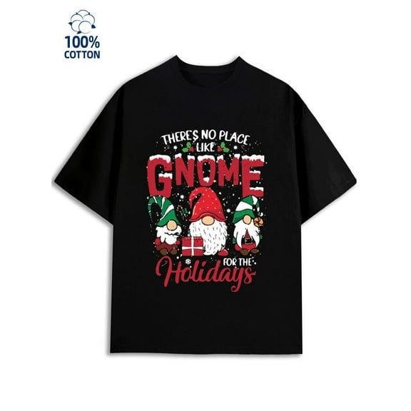 Christmas Gnome T-Shirt Men's 180G Cotton T-Shirt - Black, Classic Casual, Street Style, Summer Wear & Gift
