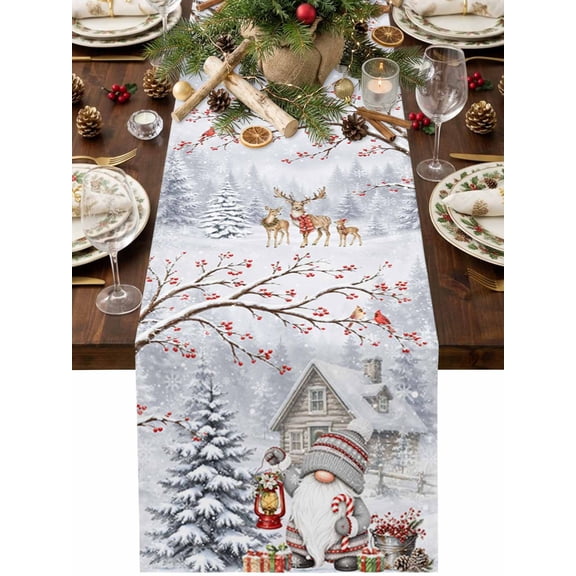 Christmas Gnome Table Runner 36 Inches Long, Winter Snowy Cabin Forest Cardinal Bird Cotton Linen Dining Table Runner Dresser Scarves for Home Kitchen Party Decor 13"x36"