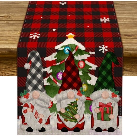 Christmas Gnome Table Runner Buffalo Plaid Check Xmas Table Decor Swedish Winter Holiday Kitchen Dining Home Decorations