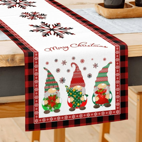 Christmas Gnome Table Runner Red Buffalo Check Plaid Snowflakes Table Runner Seasonal Winter Xmas Holiday Dresser Scarves Decorations for Kitchen Dining Wedding Party 13 x 90 Inch