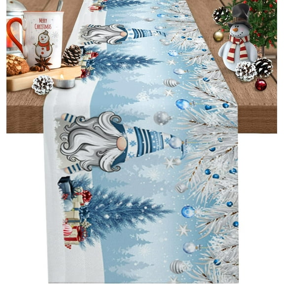 Christmas Gnome Table Runner, Winter Merry Christmas Tree Balls Cotton Linen Tablecloth Holiday Farmhouse Table Decor for Home,Kitchen,Dining Room,Indoor,Outdoor,13X90 Inches Long, Blue