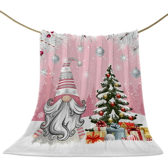 Christmas Gnome Throw Blankets, Winter Merry Christmas Tree Balls Soft Fleece Blanket Decorative for Home Sofa Couch Chair Living Bedroom,60x80 Inches, Pink