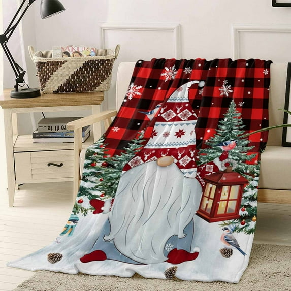Christmas Gnome Throw Flannel Blanket 30x40In Winter Xmas Trees Bird Snowflakes Red Plaid Super Soft Cozy Bed Blanket, Lightweight Plush Fuzzy Bed Throw for Bedroom Sofa Couch Living Room
