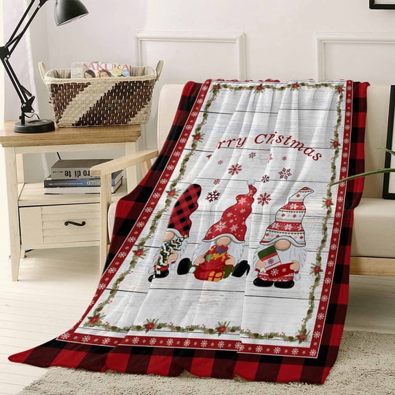 Christmas Gnome Throw Flannel Blanket 40x50In Xmas Dwarfs Snowflakes Wood Grain Red Plaid Super Soft Cozy Bed Blanket, Lightweight Plush Fuzzy Bed Throw for Bedroom Sofa Couch Living Room