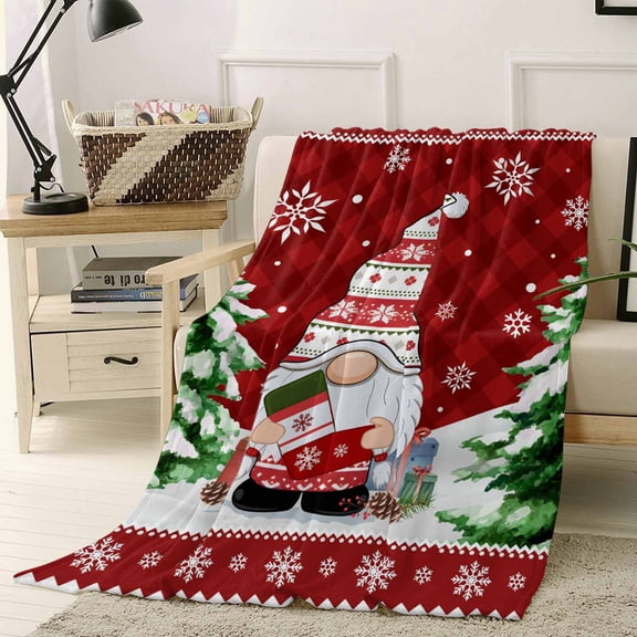 Christmas Gnome Throw Flannel Blanket 40x60In Red Dwarfs Xmas Tree Snowflakes Argyle Plaid Super Soft Cozy Bed Blanket, Lightweight Plush Fuzzy Bed Throw for Bedroom Sofa Couch Living Room