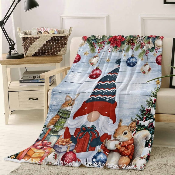 Christmas Gnome Throw Flannel Blanket 40x60In Squirrel Cat Poinsettia Xmas Tree Board Super Soft Cozy Bed Blanket, Lightweight Plush Fuzzy Bed Throw for Bedroom Sofa Couch Living Room