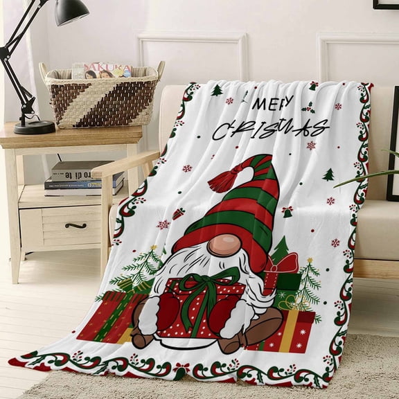 Christmas Gnome Throw Flannel Blanket 50x60In Red Green Winter Dwarfs Xmas Box Gifts Super Soft Cozy Bed Blanket, Lightweight Plush Fuzzy Bed Throw for Bedroom Sofa Couch Living Room