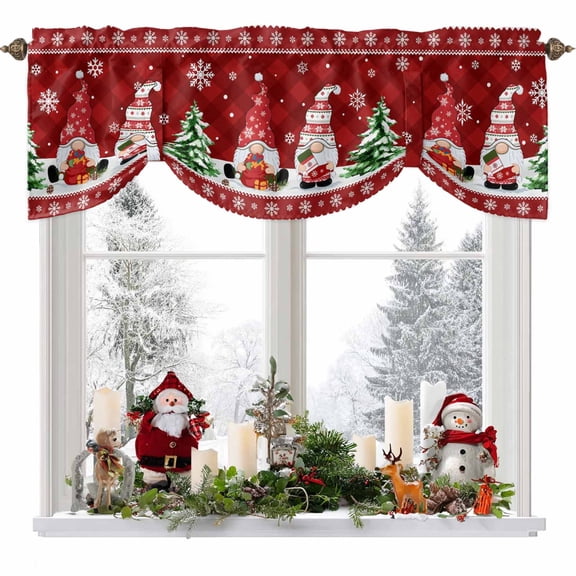 Christmas Gnome Tie Up Valances Curtain, Red Dwarfs Xmas Tree Snowflakes Argyle Plaid Adjustable Rod Pocket Short Window Treatment Tie Up Curtains Valances for Kitchen Living Room Bathroom 54x18 In