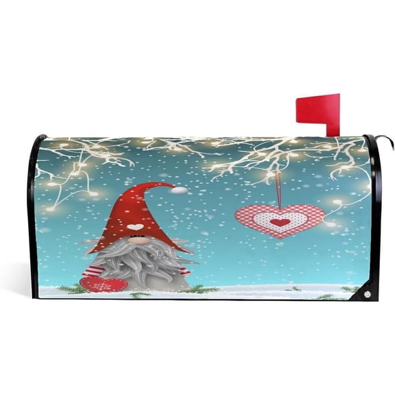 Christmas Gnome Tomte Standing with Red Heart Magnetic Mailbox Cover Valentines Mailbox Wrap Post Letter Box Cover Home Decorative for Standard Mailboxes
