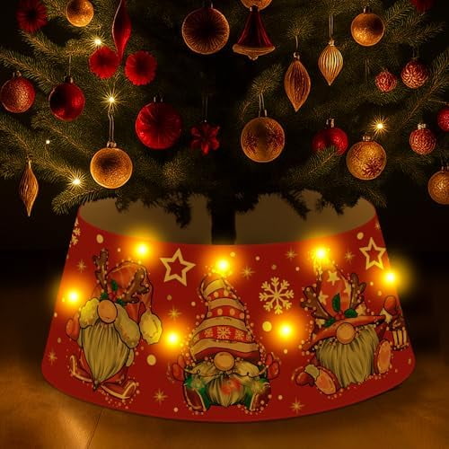 Christmas Gnome Tree Collar with LED Light Red Tree Skirt Ring Base Cover for Christmas Trees Decoration Holiday Indoor Outdoor