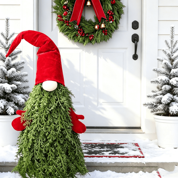34“ Christmas Tree for Front Porch, Christmas Gnome Decorations, Festive Dwarf Christmas Tree with Red Hat, Xmas Holiday Home Decor for Yard, Entryway and Garden
