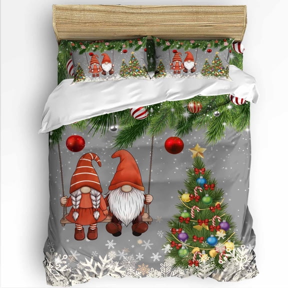 Christmas Gnome Twin Size Comforter Set, Snowflake Xmas Tree Red Ball Evergreen Bough Gray Bedding for All Seasons, 4 Pcs Bed Set with 1 Comforter (68"x86") ,1Sheet(66"x116"), 2 Pillowcases (19"x29")