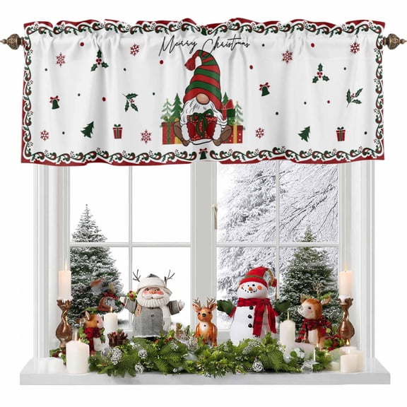 Christmas Gnome Valances for Windows, 42 x 18in, Red Green Winter Dwarfs Xmas Box Gifts Rod Pocket Kitchen Valance Curtain Light Filtering Window Treatments for Living Room Bedroom, 1 Panel
