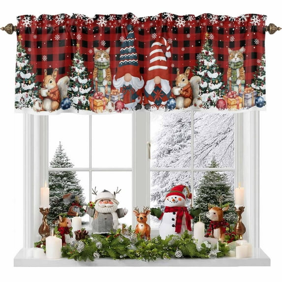 Christmas Gnome Valances for Windows, 54 x 18in, Squirrel Cat Xmas Tree Snowflake Red Plaid Rod Pocket Kitchen Valance Curtain Light Filtering Window Treatments for Living Room Bedroom, 1 Panel