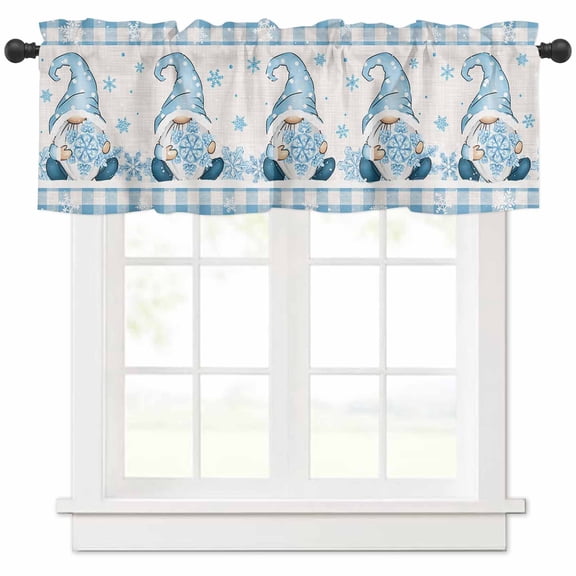 Christmas Gnome Valances for Windows, Snowflake Blue and White Buffalo Plaid Light Filtering Window Treatment Valances, Rod Pocket Small Curtains for Kitchen/Bathroom, 56"x16"