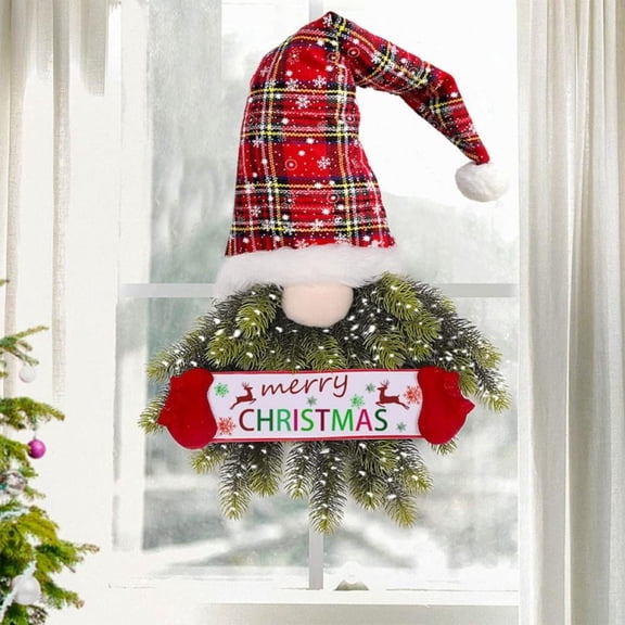 Christmas Gnome Wreath with LED Lights, Christmas Wall & Door Decorations Christmas Hanging Swedish Tomte Gnomes Sign Ornament Lighted Faceless Doll with Beard for Christmas Holiday Home Decor