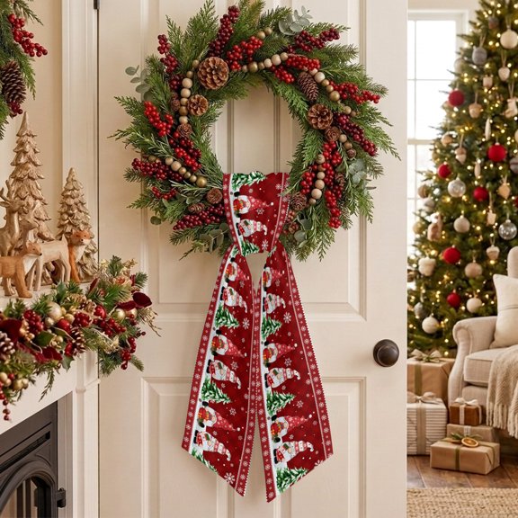 Christmas Gnome Wreath Sash for Front Door, Red Dwarfs Xmas Tree Snowflakes Argyle Plaid Sash for Wreath, Home Decor Wall Window Porch Decoration Indoor Outdoor 4.5'' x 56''