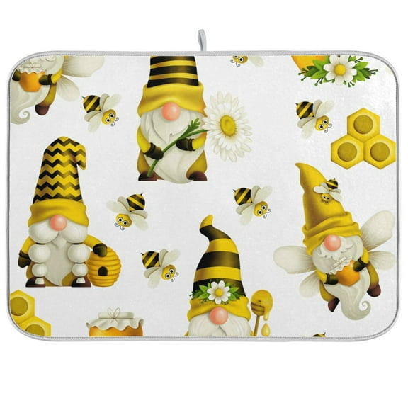 Christmas Gnome and Bees Dish Drying Mat Microfiber Kitchen Mats Large Counter Absorbent Dish Pad Drainer Rack 16"x18"