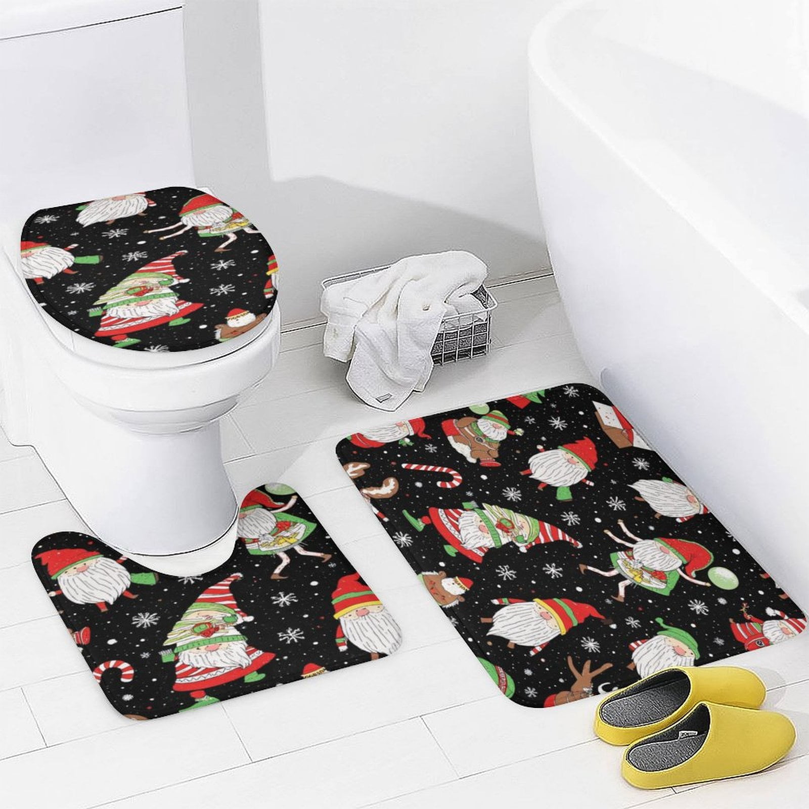 Christmas Gnomes And Reindeer Pattern Bathroom Rugs Sets 3 Piece Toilet ...