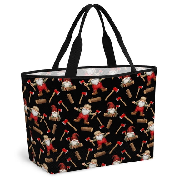 Christmas Gnomes Beach Bag for Women, Large Breathable Mesh Beach Tote Bag, Black Xmas Star Hat Axe Wood Cartoon Sandproof Lightweight Travel Bags for Vacation Picnic Swimming Pool 15.7"x15.7"x9.1"