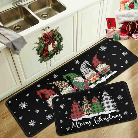 Christmas Gnomes Black Kitchen Rugs and Mats Set of 2, Winter Holiday Party Low-Profile Floor Mat Decorations for Home Kitchen 17"x47"+17"x30"