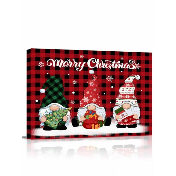 Christmas Gnomes Canvas Print Wall Art Framed Canvas Art Wall Decor Merry Christmas Winter Snow Red Black Plaid Pictures Painting Morden Artwork for Living Room Bedroom, Ready to Hang - 12"x16"