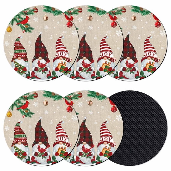 Christmas Gnomes Coasters Set of 6, Absorbent Coasters for Drinks, Brow Joy Pine Branches Cardinal Birds Coaster for Desk Coffee Table Protection, Home Decor House Warming Gifts 4"
