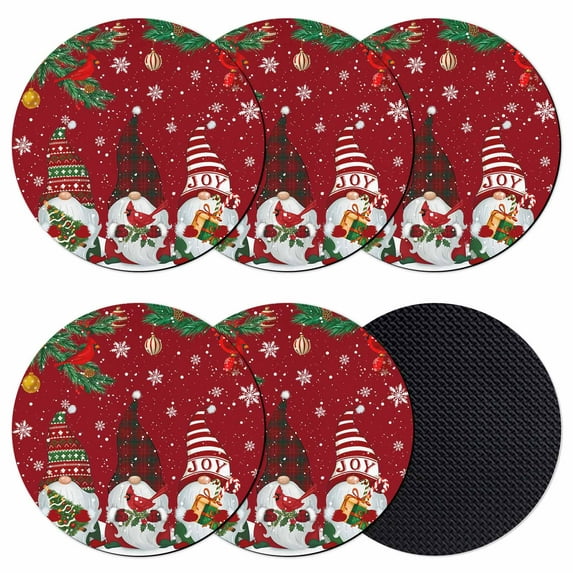 Christmas Gnomes Coasters Set of 6, Absorbent Coasters for Drinks, Red Joy Pine Branches Cardinal Birds Coaster for Desk Coffee Table Protection, Home Decor House Warming Gifts 4"