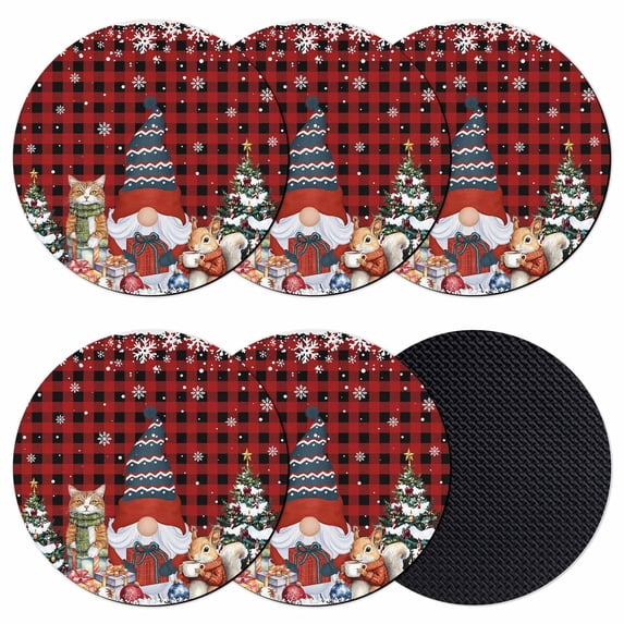 Christmas Gnomes Coasters Set of 6, Absorbent Coasters for Drinks, Winter Cat Pine Trees Red Black Plaid Coaster for Desk Coffee Table Protection, Home Decor House Warming Gifts 4"