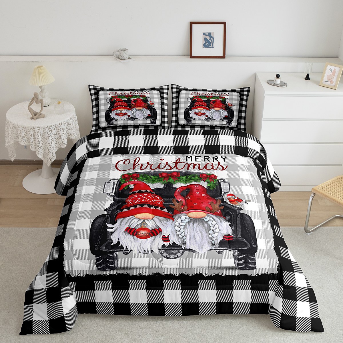 Christmas Gnomes Comforter Set Rustic Farmhouse Xmas Car Bedding Sets