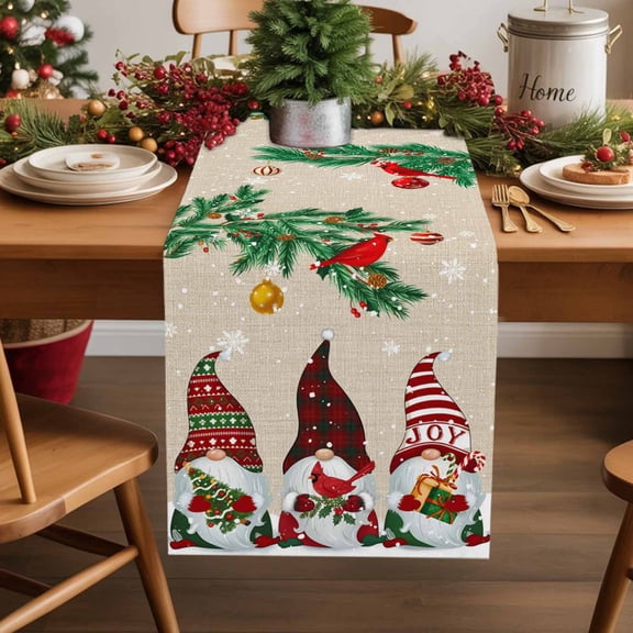 Christmas Gnomes Cotton Linen Table Runner 13 x 70 inch Brow Pine Branches Cardinal Birds Non-slip Rectangular Dining Table Decor for Wedding Party Holiday Dinner