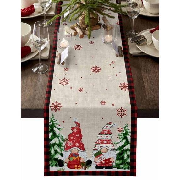 Christmas Gnomes Cotton Linen Table Runner for Dining Kitchen, Xmas Tree Snowflake Rustic Red Black Plaid Wedding Outdoor Party Tablerunners Decor, Dresser Scarf Coffee Tablecloth Runners 18"x72"