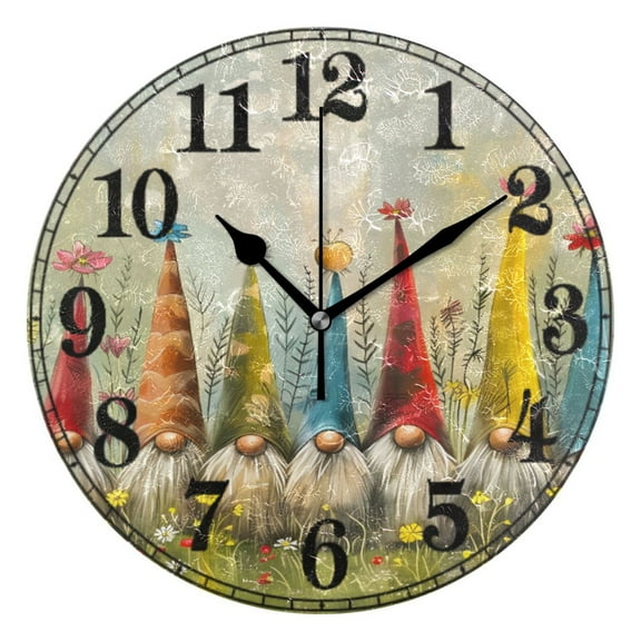 Christmas Gnomes Dressed Hat Silent Wall Clock 10" Non-Ticking Battery Clock