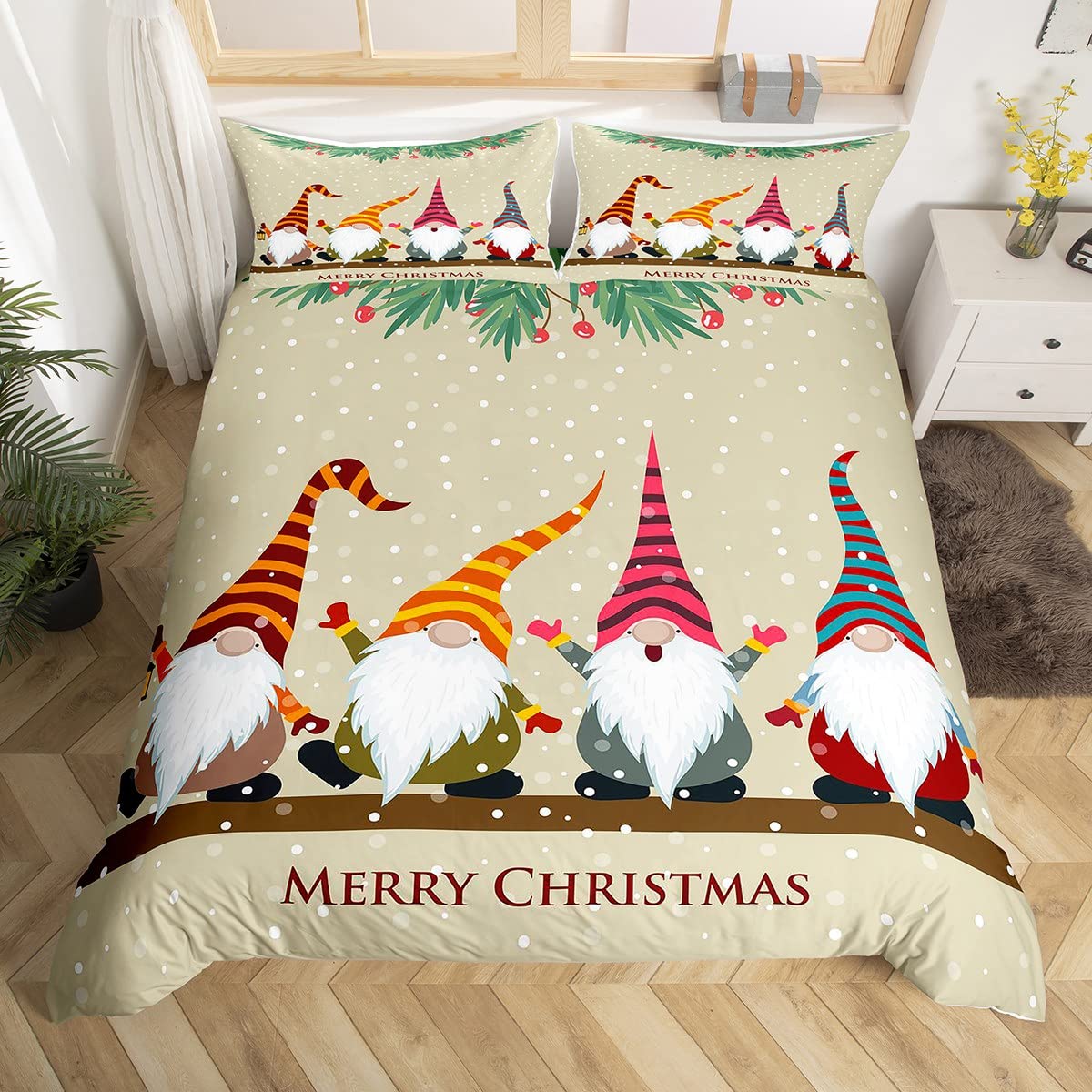 Christmas Gnomes Duvet Cover Set Santa Claus Xmas Comforter Cover Merry