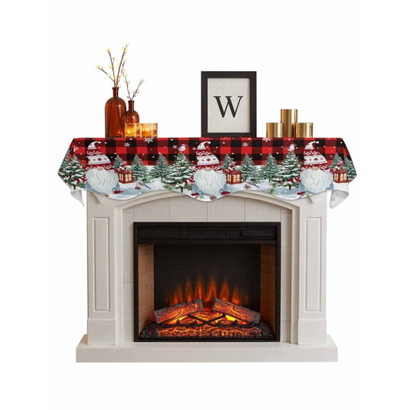 Christmas Gnomes Fireplace Mantle Scarf, Red Black Plaid Xmas Tree Snowflake Mantel Cover Table Runner for Home Living Room Door Window, Indoor Outdoor Holiday Party Decor 17" x 90"