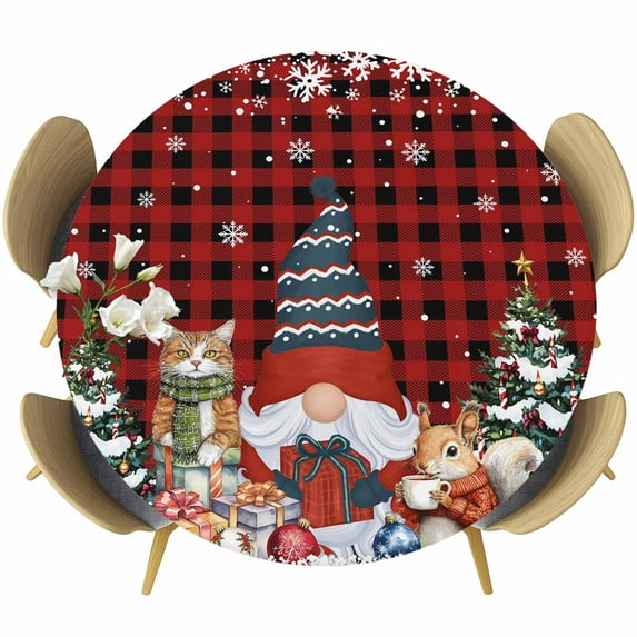 Christmas Gnomes Fitted Tablecloth with Elastic Edged, Round Table Cloth for Dining Table, Winter Cat Pine Trees Red Black Plaid Waterproof Oil Proof Table Cover for Indoor Outdoor 36"-44"