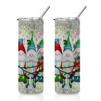 Christmas Gnomes Glitter Skinny Tumbler with Straw, Double-Wall Insulated Stainless Steel Mug with Leak-Proof Lid, Holiday Lights Gnome Coffee Cup