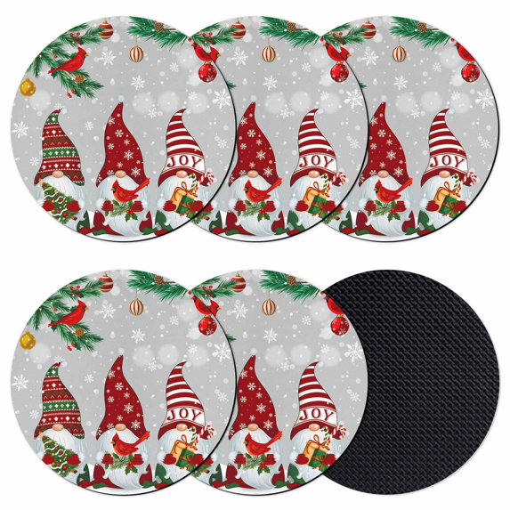 Christmas Gnomes Grey Coasters Set of 6, Absorbent Coasters for Drinks, Xmas Pine Branch Cardinal Birds Snowflakes Coaster for Desk Coffee Table Protection, Home Decor House Warming Gifts 4"