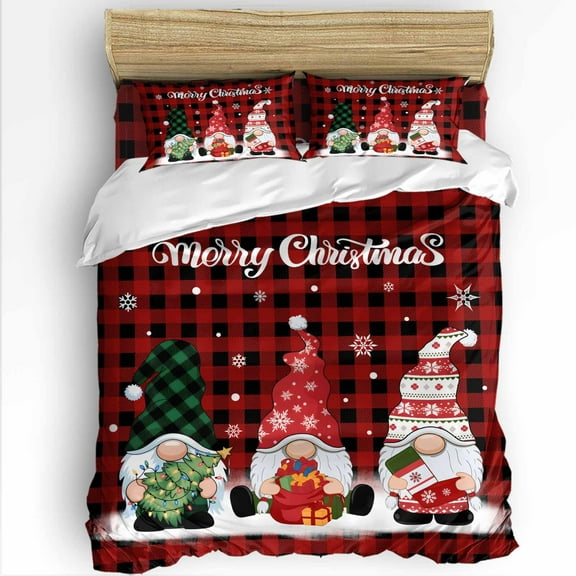Christmas Gnomes King Size Comforter Set, Merry Christmas Winter Snow Red Black Plaid Bedding for All Seasons, 4 Pcs Bed Set with 1Comforter (90"x106") ,1 Sheet(94"x116"), 2 Pillowcases (19"x35")