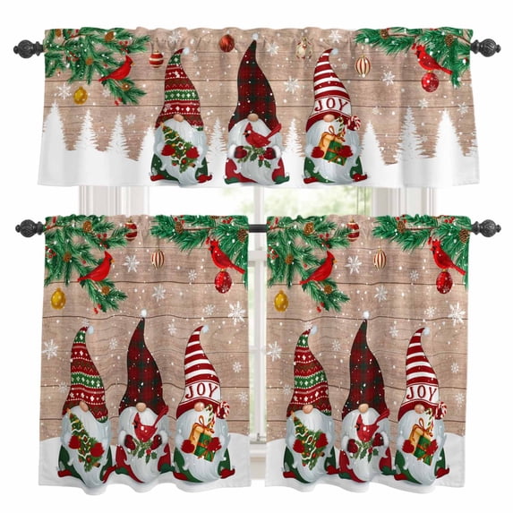 Christmas Gnomes Kitchen Curtains Sets for Windows 36 Inch Length, Xmas Pine Tree Balls Cardinal Birds Holiday Rod Pocket Window Treatments Tier Curtains and Valances Set for Bedroom/Bathroom