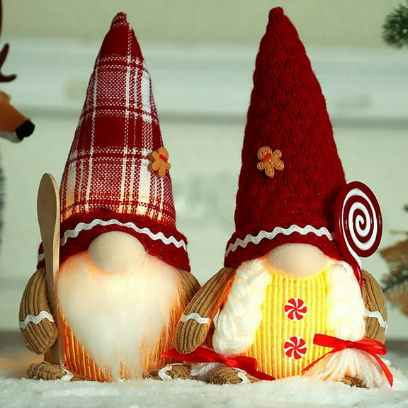 Christmas Gnomes with LED Light, 2PCS Handmade Swedish Santa Gnomes Plush Gingerbread Hat Christmas Decor Lighted Elf Christmas Decorations Indoor Gift Xmas Table Decor