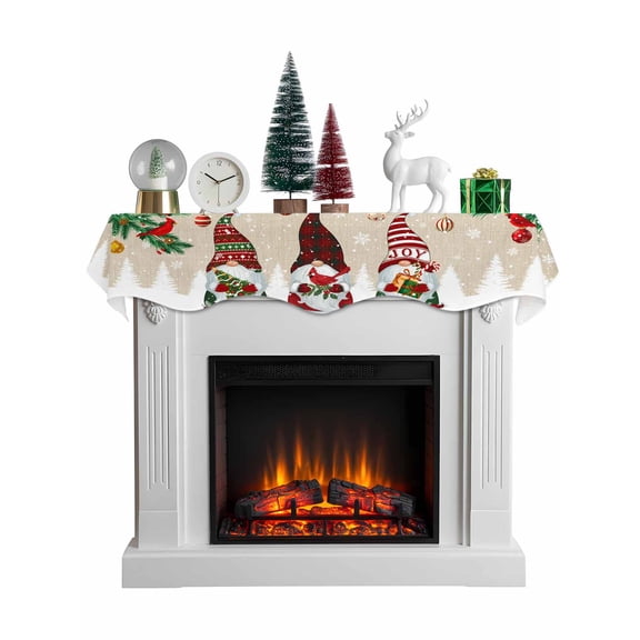 Christmas Gnomes Mantel Scarf Fireplace Decorations for Living Room, Brow Joy Pine Branches Cardinal Birds Fireplace Mantel Scarf Cover Runner for Halloween/Thanksgiving/Christmas Decor 60"x17"