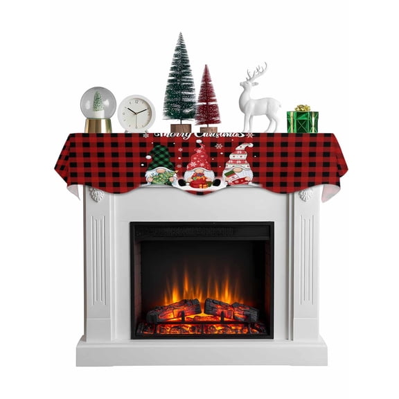 Christmas Gnomes Mantel Scarf Fireplace Decorations for Living Room, Xmas Snowflake Red Black Plaid Fireplace Mantel Scarf Cover Runner for Halloween/Thanksgiving/Christmas Decor 70"x17"