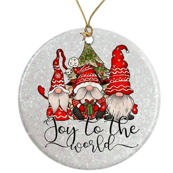 Christmas Gnomes Ornament - Festive Tree Decor - Joy to the World Gift - Unique Xmas Decoration - Holiday Gnome Figurine Ceramic Ornament - 3 Inch Christmas Tree Round Ornament ORNW0279