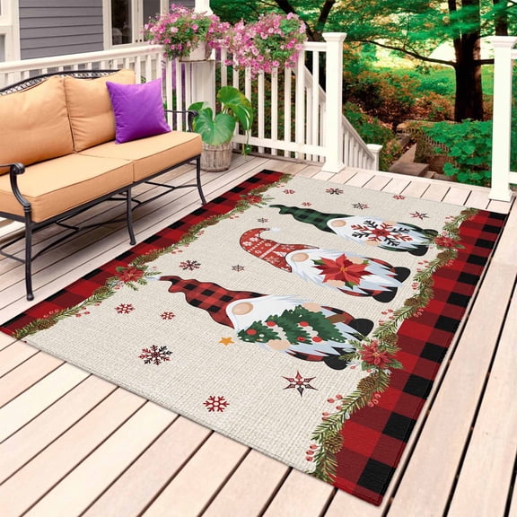 Christmas Gnomes Outdoor Rug 3x5 Ft, Non Slip Washable Area Rug, Red Black Plaid Xmas Tree Snowflake Burlap Patio Rugs Carpet Runner, Large Floor Mat for Indoor/Outdoor Deck Porch Camping